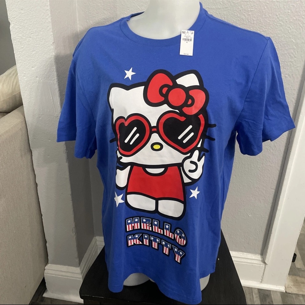 Old Navy Hello Kitty USA Heart Sunglasses Tee Crayon Blue XL 4th July Patriotic